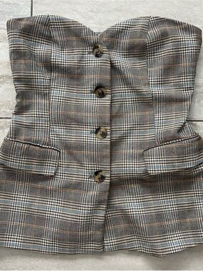 Zara Plaid Strapless Button-Front Strapless Top - Gray with Beige and Black